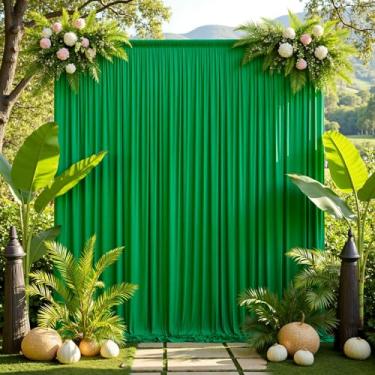 Imagem de Cortinas de fundo verdes sem rugas de 3 m x 15 m para festas, 10 painéis de 1,5 m x 3 m, cortinas de fundo de poliéster verde, decorações de pano de fundo para casamento, aniversário