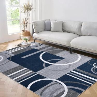 Imagem de GarveeHome Tapete lavável, 10 x 15 cm, moderno, abstrato, círculo, antiderrapante, antiderrapante, antiderrapante, cobertura, piso interno, resistente a manchas, para quarto, sala de estar, azul