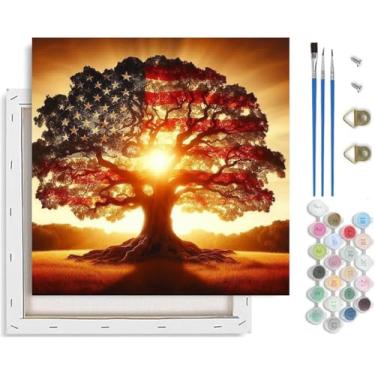 Imagem de Kit de pintura por números da bandeira americana para adultos iniciantes com moldura, árvore da vida, kits de pintura fácil para adultos por números em tela, pintura faça você mesmo para iniciantes