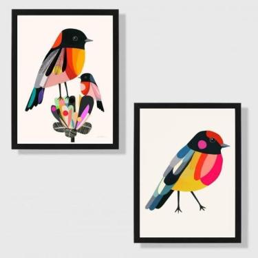 Imagem de Kit 2 Quadros Passarinhos Coloridos 45X34Cm Com Vidro Preta