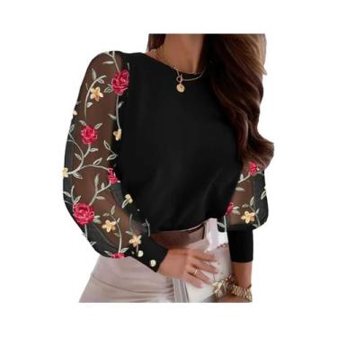 Imagem de Blusa Feminina Elegante Com Manga Lanterna E Botões, Gola O, Casual Pa