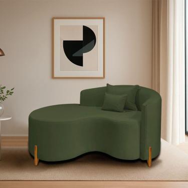 Imagem de Divã Recamier Curvo Sala De Estar Recepção Inglaterra 150cm Pés Madeira Lado Esquerdo Linho Verde