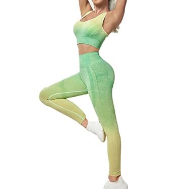 Imagem de Yajun Roupas de ioga gradiente femininas sem costura lindo conjunto de sutiã esportivo de secagem rápida colete de treino levanta bumbum calças de ginástica, verde, G (peito: 37cm)