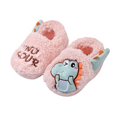 Imagem de Pantufas infantis para casa quente, pacote de dinossauro, sapatos de algodão com sapatos para bebês e meninas, rosa, 12-24 meses