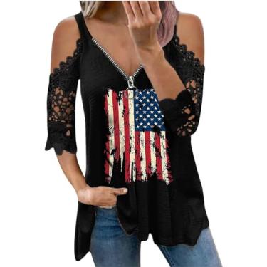 Imagem de Camiseta feminina com estampa do Dia da Independência do Dia da Independência de renda engraçada com zíper e gola V com bandeira americana, A - preto - 1, P