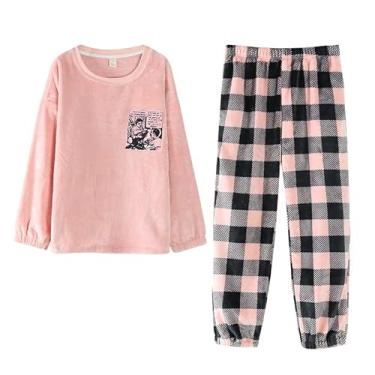 Imagem de LUBOSE Conjunto de camisola de flanela, camisola feminina, camisola térmica de inverno, terno longo feminino de manga comprida, conjunto de camisola confortável para uso doméstico (M, quadrado rosa)