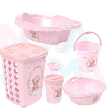 Imagem de Kit Bebe Lixeira,saboneteira,cesto,balde,bacia,banheira 21 Ursa Rosa -