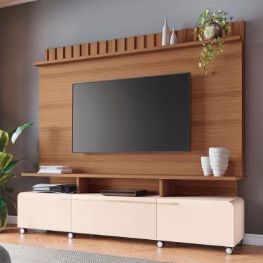 Imagem de Estante Painel De Tv 70 Pol 200cm Ripado Artís Castanho/off White - Hb Móveis