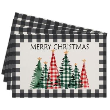 Imagem de Conjunto de 4 jogos americanos Merry Christmas, tapete de jantar, algodão, linho, à prova d'água, árvores, xadrez, tecido para decoração de Natal, férias, cozinha, mesa de jantar, lavável, lavável