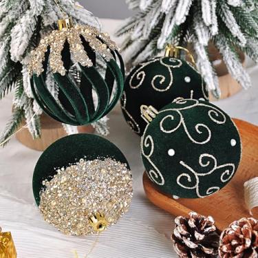 Imagem de HRONG Enfeites de bola de Natal de 8 cm para árvore de Natal, conjunto de 9 peças de decorações penduradas de veludo, para decoração de festa de Natal, aniversário, casamento, Natal (verde)