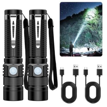 Imagem de Lanterna tática de LED recarregável – SOS com um clique, lanterna de LED pequena super brilhante 3 horas USB-C carregamento rápido, impermeável, tamanho de bolso, pequena lanterna EDC para casa