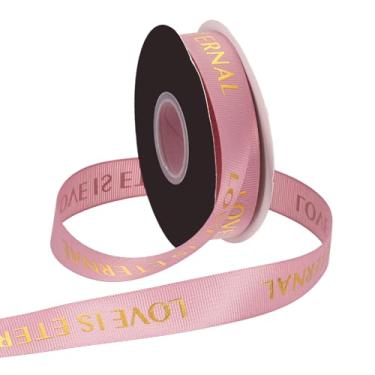 Imagem de PATIKIL Fita de gorgorão personalizada, 2,5 cm x 40 metros Love is Eternal Fita de poliéster para festas de fim de ano, decoração de casamento, embrulho de presente, rosa empoeirado