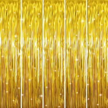 Imagem de GOER Cortinas de franjas metálicas Tinsel de 1 m x 3 m para decoração de festa de foto de fundo de casamento (ouro, 5 peças)