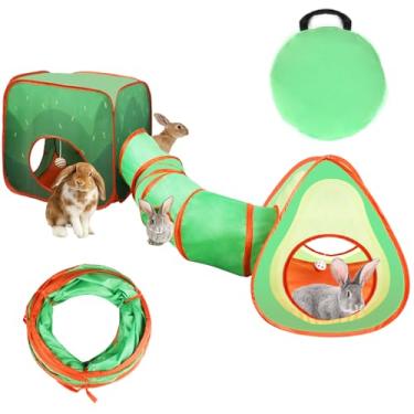 Imagem de YUEPET Túnel de coelho e cubo dobrável Tenda Coelhinho interativo túnel enrugado brinquedo pequeno esconderijo animal com bola de brincar para coelho anão, coelhinho, porquinho-da-índia (abacate)
