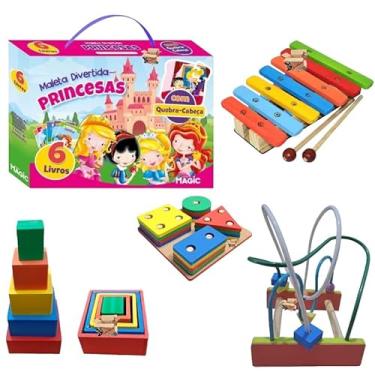 Imagem de Kit Atividades 5 Brinquedos Pedagógicos Em Madeira + 6 Livros - Primeira Infância TDAH (Kit 5 Maleta Princesas)