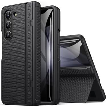 Imagem de BXYJY Capa para Samsung Galaxy Z Fold 5 com suporte, protetor de tela frontal, proteção de dobradiça, fina e resistente, capa rígida de corpo inteiro, capa protetora diária para celular para Samsung Z