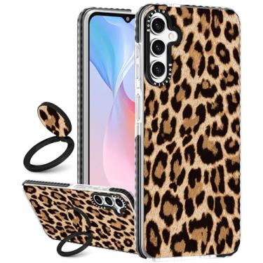Imagem de Boaretiu Capa fofa Kawaii para Samsung Galaxy A15 5G com suporte - Design de suporte de anel giratório adesivo de 360° para mulheres meninas e meninas para Samsung Galaxy A15 5G, estampa de leopardo