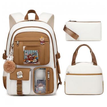 Imagem de Mochila LXYGD 3 em 1 bege e cáqui para notebook até 16", com lancheira e estojo, impermeável