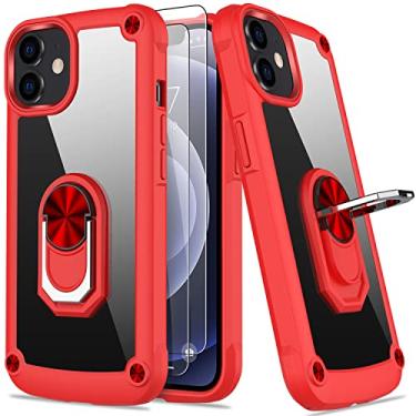 Imagem de AUPAI Capa para iPhone 12 com protetor de tela, capa para iPhone 12 Pro transparente anti-amarelo capa protetora de acrílico resistente com suporte magnético para Apple iPhone 12/iPhone 12 Pro, vermelha