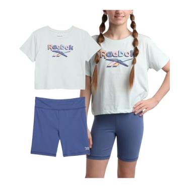 Imagem de Reebok Conjunto de shorts ativos para meninas – 2 peças de camiseta de desempenho de ajuste seco e shorts de bicicleta – Roupas esportivas de verão para meninas (7-12), Roxo, 12
