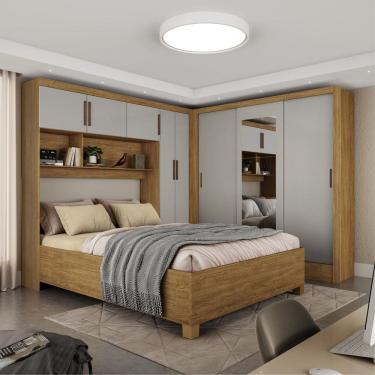 Imagem de Guarda-roupa Casal Modulado 5 Portas com Cama Santiago 3 Portas com Espelho 5 Gavetas Cinamomo/Off White