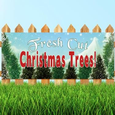 Imagem de Peryiter 1 faixa de venda de árvores de Natal de corte fresco de 2,3 x 0,9 m com ilhós de metal para anunciar sua venda de árvores de Natal negócios pendurado em cercas de quintal paredes armazéns