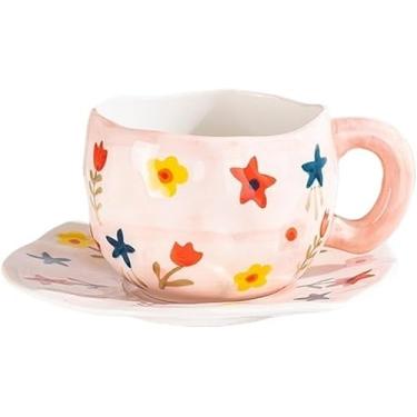 Imagem de Conjunto De Xícara E Pires Caneca De Cerâmica Criativa Pintado à Mão Flor Nuvens Xícara De Café Com Pires Xícara Artesanal Irregular Café Da Manhã Leite, Yellow Campanula