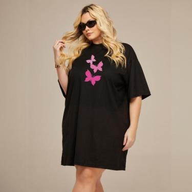 Imagem de Camiseta Oversized Plus Size Feminina Com Estampa De Borboleta Manga C