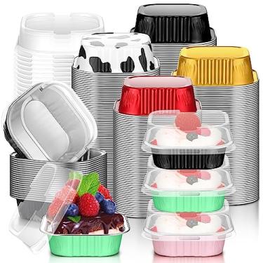 Imagem de Zhehao 120 peças de folhas de alumínio quadradas para assar mini formas de bolo copos de sobremesa com tampas 130 g forros de muffins descartáveis ramekins para padaria festa de casamento 6 cores copos de cozimento coloridos