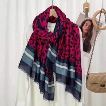 Imagem de Xale De Franjas Listrado De Leopardo Pashmina 180x90cm Lenço De Viscos