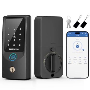 Imagem de AKAGEAR Trava inteligente T02, fechadura de porta de entrada sem chave, fechadura inteligente para porta da frente, Wi-Fi integrado, controle de aplicativo, bloqueio automático, impressão digital