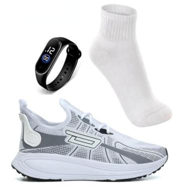 Imagem de Tenis Esportivo Masculino Leve Confortável Corrida Caminhada + Relógio + Meia (Branco, BR, Adulto, Numérico, 38)