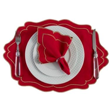 Imagem de Jogo Americano Luxo com Guardanapos, 12 Peças 6 Lugares, Sousplat Bordado Dourado, Oxford Engomado, 50x35cm, Elegante para Mesa Posta, Diversas Cores (Vermelho)