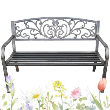 Imagem de Banco de jardim externo de 138 cm, banco de jardim com moldura de metal de ferro fundido com corrimãos curvos e encosto padrão, bancos de pátio para ambientes externos, para gramado, piquenique