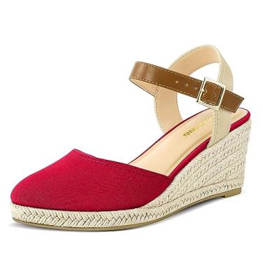 Imagem de PIZZ ANNU Sandálias femininas de salto anabela baixo com fivela e tira no tornozelo com bico fechado casual elegante sapatos plataforma de verão, Vermelho, 9