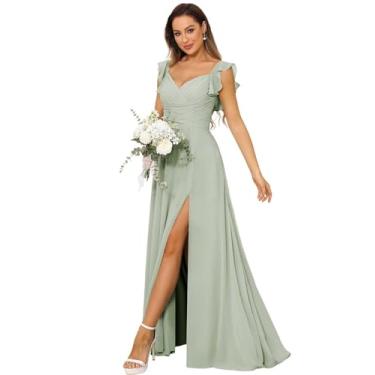 Imagem de SYYS Vestidos de dama de honra de chiffon femininos 2024 longo franzido vestido de convidada de casamento rodado com bolsos SYYS413, Verde sálvia, 48