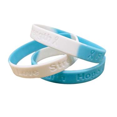 Imagem de 5 pulseiras azuis claras e brancas para conscientização do câncer de próstata "Love, Strength, Faith, Hope with Ribbons" 5 pulseiras - 100% pulseiras de silicone de grau médico, 8 inch, Borracha