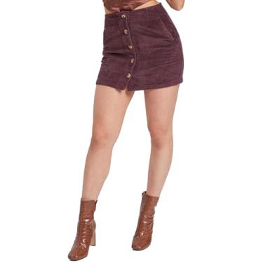 Imagem de YMI Jeans Saia feminina de veludo cotelê com botão frontal, Poda, 7