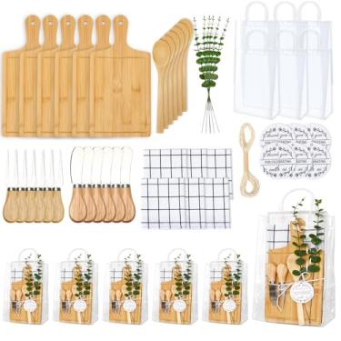 Imagem de Jansun 6 conjuntos de chá de bebê, prêmios, tábua de queijo, colher, garfo, facas, toalha xadrez, hastes artificiais de eucalipto, etiquetas e bolsas de agradecimento para chá de bebê, casamento