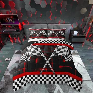 Imagem de Erosebridal Jogo de cama xadrez xadrez com luzes neon, preto e branco, preto e branco, para meninos, carro de corrida, tamanho casal, edredom geométrico 3D