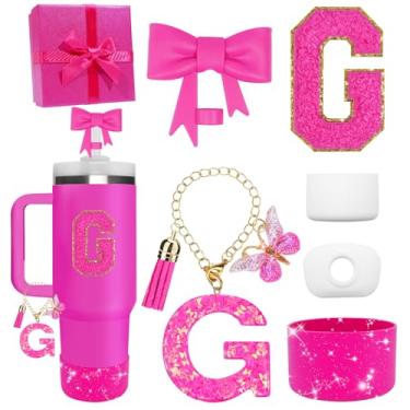 Imagem de Miglaja Acessórios pretos para copos Stanley 850.5 g 1,134.0 g, todos os acessórios caixa de presente contêm topo de palha de flor, bota de silicone, adesivos de letras e pingentes, conjunto de tampa