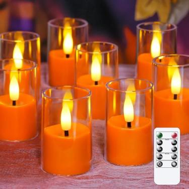 Imagem de Yeelida 8 peças de luzes de chá LED de acrílico transparente operadas por bateria de 4,3 cm x 6,3 cm, sem chama, temporizador de 2/4/6/8h, velas votivas laranja falsas com baterias, velas de plástico