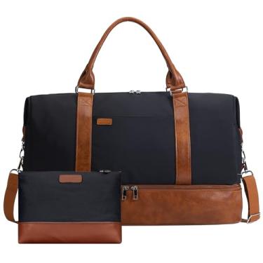 Imagem de Oeihuivt Bolsas femininas Weekender – Bolsa esportiva de viagem grande de 53 cm, conjunto de 2 peças com compartimento para sapatos, bolsa de transporte de couro de lona resistente, Preto, marrom