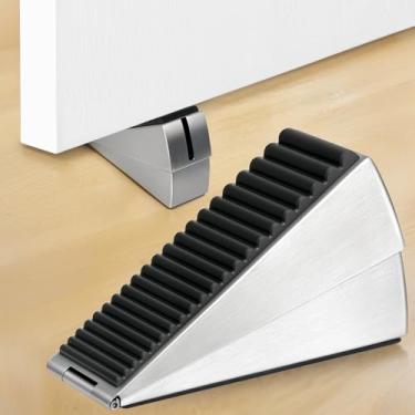 Imagem de HAIMST Batentes de porta grandes resistentes, amortecedor de porta alto com mola ajustável, cunha de borracha com suporte de armazenamento para portas pesadas de até 7,6 cm, prata, pacote com 2