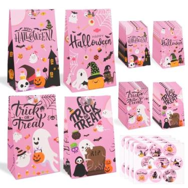 Imagem de Semato Sacos de petisco de Halloween, 24 peças de papel rosa boo sacolas de brindes ou travessuras, presente de doces a granel para lembrancinhas de festa infantil