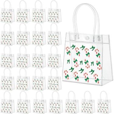 Imagem de Harloon 24 sacos de presente transparentes de Natal com alças de plástico para doces de Natal, sacolas de presente de festa, sacolas de PVC para lembrancinhas de festa de aniversário, 15 x 14 x 8 cm