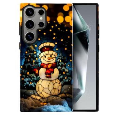 Imagem de heindiy Compatível com Samsung Galaxy S24 Ultra, capa brilhante, proteção total, à prova de choque, anti-arranhões, capa de TPU, capas para homens e mulheres - vintage Natal boneco de neve vitral