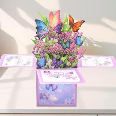 Imagem de Cartões de feliz aniversário pop-up 3D, cartão de felicitações de bolo fofo para amigos e famílias, borboletas 3D e buquê de flores para sempre - colorido/borboleta