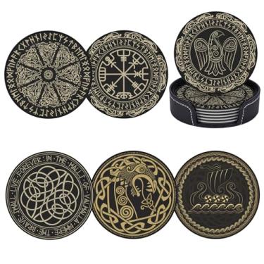 Imagem de Keeawou Porta-copos de couro runas mágicas viking pretas com suporte, conjunto de 6, adequado para vários copos