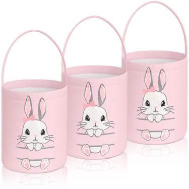 Imagem de Weewooday Pacote com 3 cestas de coelhinho de páscoa grande e fofa, cesta de caça aos ovos de páscoa com alça, bolsa de coelho de lona faça você mesmo, baldes para lembrancinhas de festa (rosa)